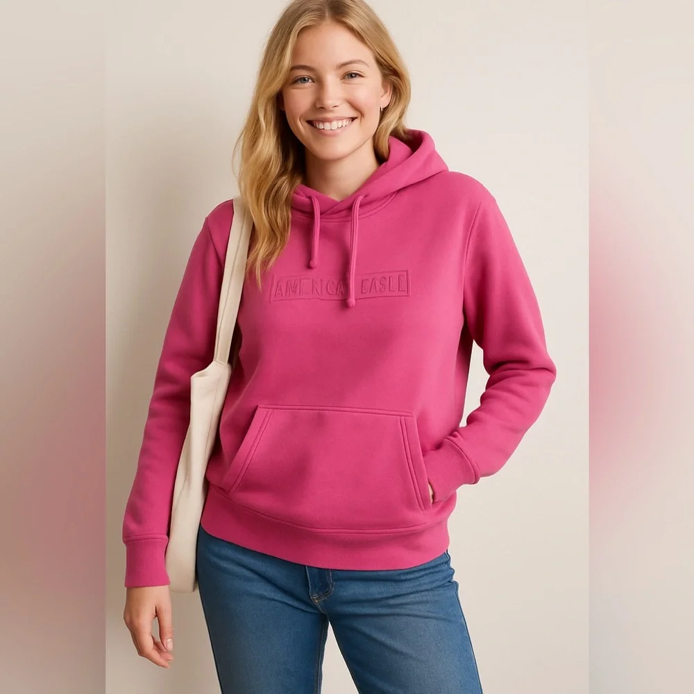 American Eagle Pink Hoodie Women’s Small Pullover Sweatshirt Embossed Logo - Picture 2 of 6